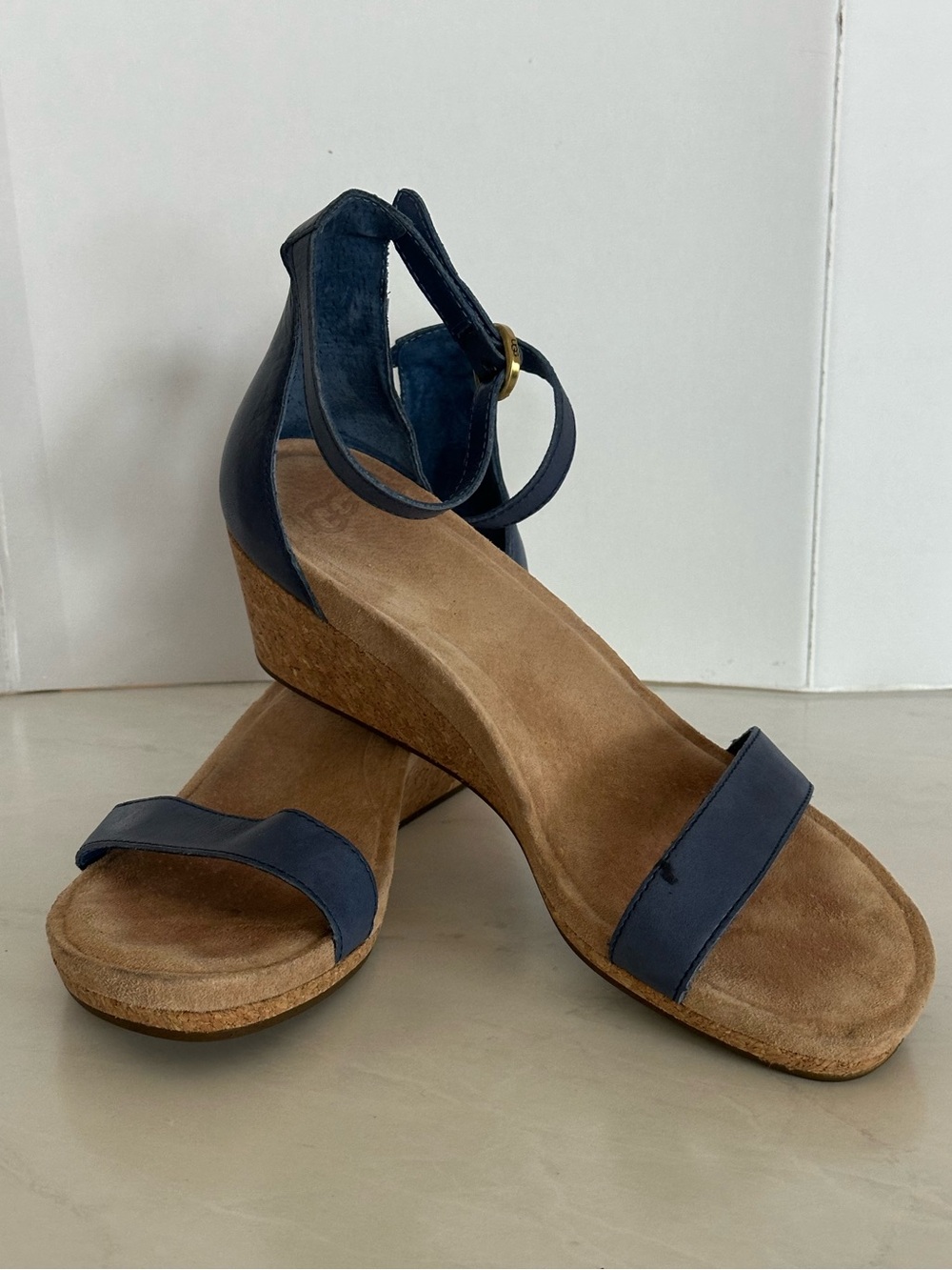 Women's Navy Cork Wedge Sandals with Ankle Strap Size 8